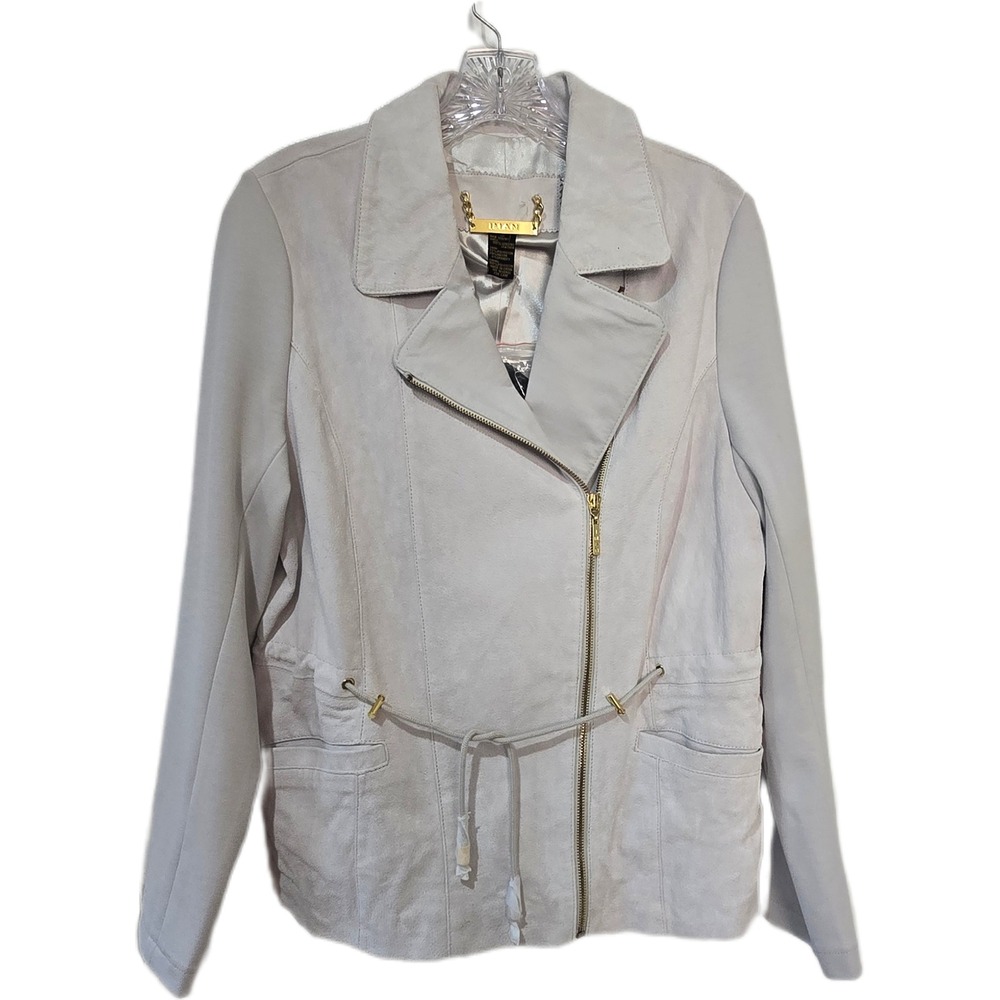 IMAN Global Chic Platinum Collection Genuine Leather Suede Moto Jacket Grey M